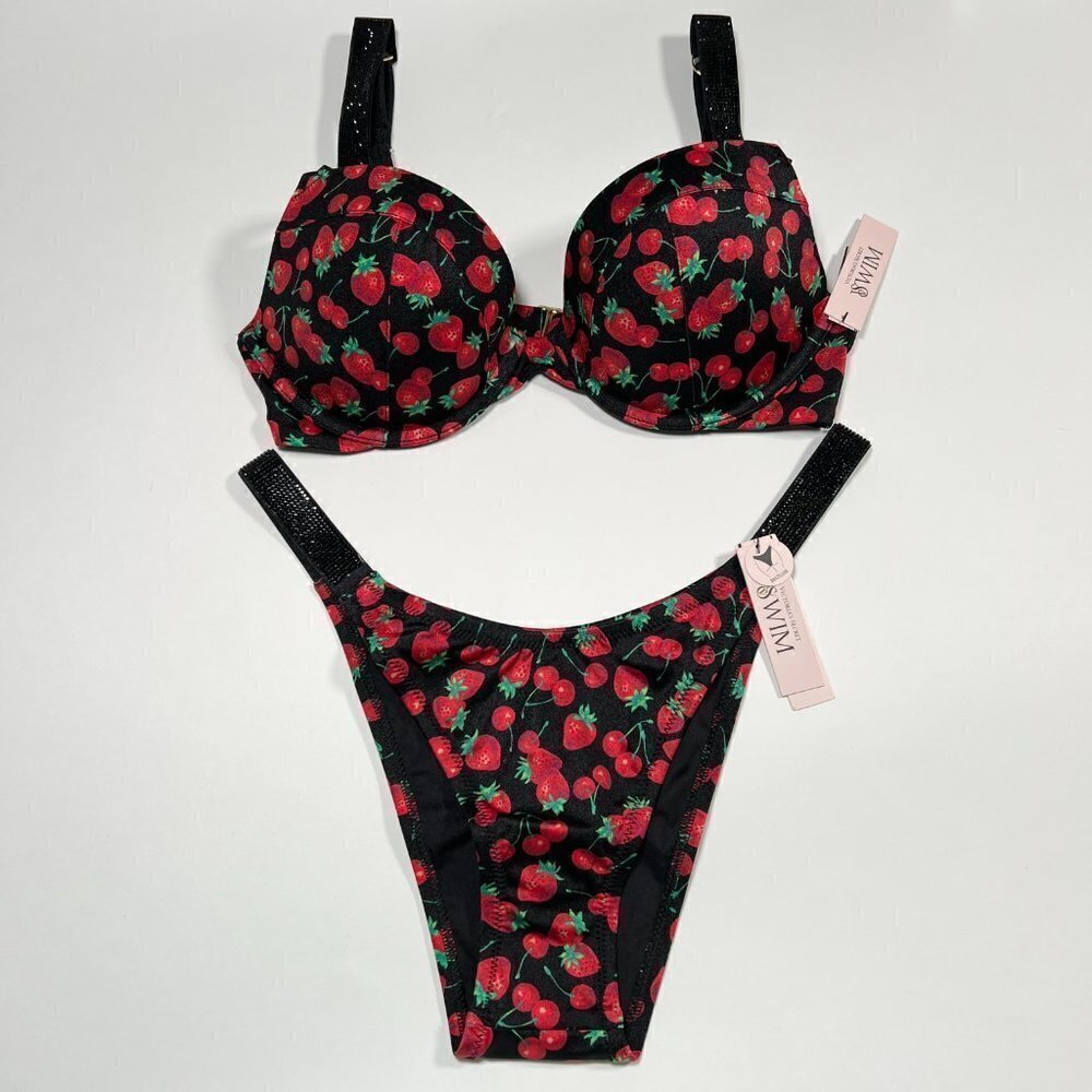 Victoria Secret 38D L SEXY TEE Push Up Bikini Top Bottom Set Shine Strap Cherry
